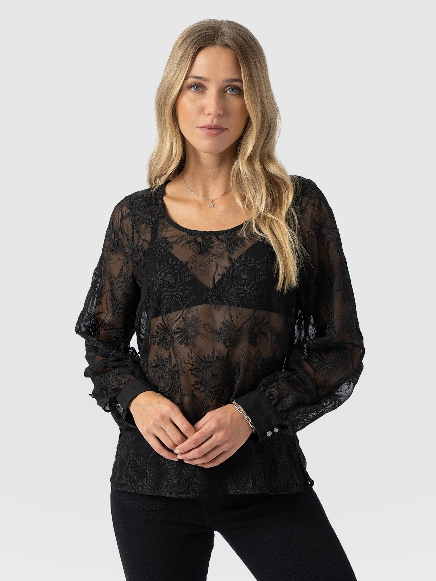 Ottilie Scoop Neck Blouse - Black Lace - Women's Blouses | Saint + Sofia® USA